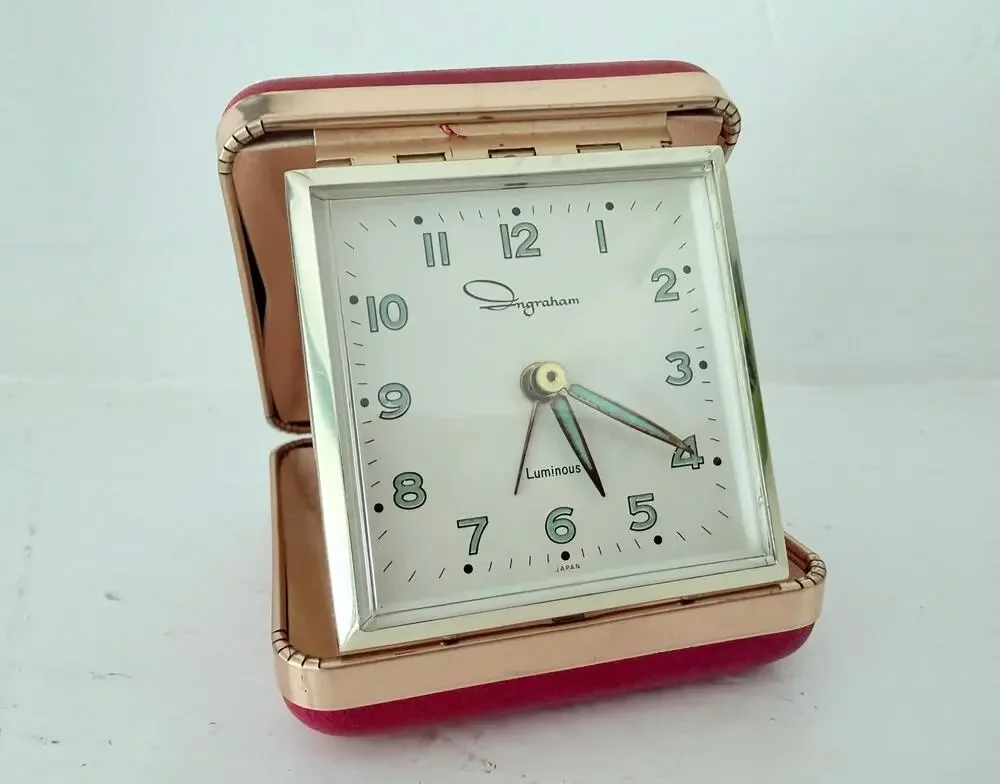 Vintage Ingraham Travel Alarm Clock Red Leather Case Folding Japan Luminous